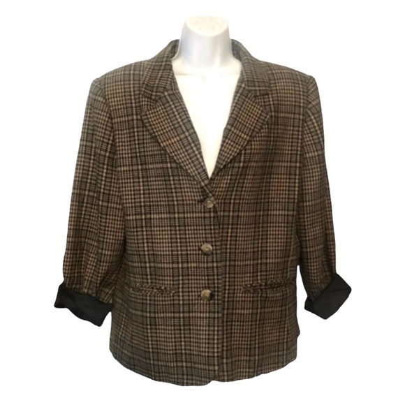 Vintage 90s Plaid Wool Blazer Prophecy Black & Tan Houndstooth L 12 - Picture 3 of 8